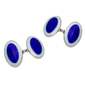 Sterling Silver Double Oval Blue Enamel Cufflinks