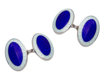 Sterling Silver Double Oval Blue Enamel Cufflinks