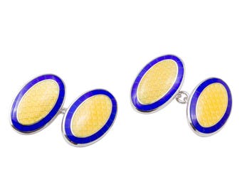 Navy Blue & Yellow Enamel Sterling Silver Double Oval Cufflinks