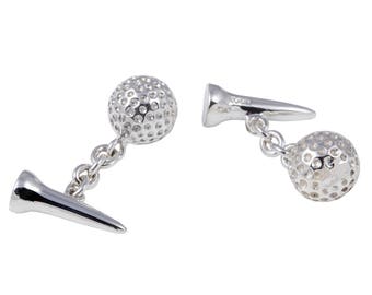 Sterling Silve Golf Ball & Tee Cufflinks with Chain Link