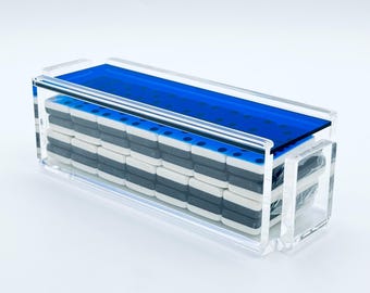 Moderne Double Six-dominoset met blauw deksel