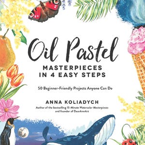 May include: A book cover with the title "Oil Pastel Masterpieces in 4 Easy Steps." The cover features colorful illustrations of a butterfly, flowers, a whale, and an ice cream cone. The author's name is Anna Koliadych.