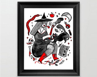 Magic Witch Black cat art print, feminist witchcraft art, wicca witchcraft ritual art, girlfriend witchy gift idea, magic spell art