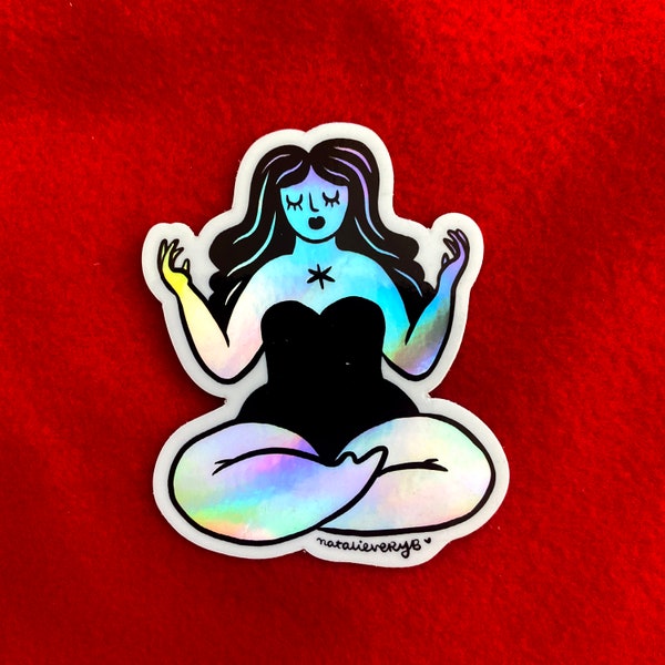 witch yoga magic holographic vinyl sticker, body positive girl woman meditation sticker, cute small wife girlfriend gift idea, witchy gift