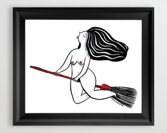 FLYING WITCH queer art, magic broomstick art, girl gift, witchy gift, cute gift idea, girlfriend gift, wife gift, coven gift,witch gift idea