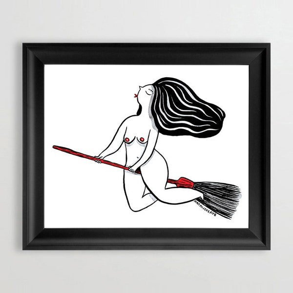 FLYING WITCH queer art, magic broomstick art, girl gift, witchy gift, cute gift idea, girlfriend gift, wife gift, coven gift,witch gift idea