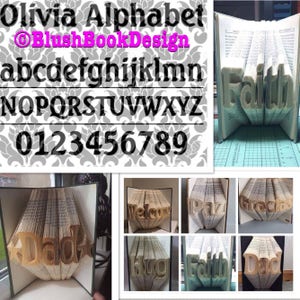 May include: A selection of book art with folded pages forming words. The words "Faith", "Dad", "Welcome", "Paz", "Gracias", and "Hug" are displayed. A font chart is also shown with the text "Olivia Alphabet" and the numbers 0-9.