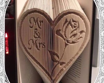 Mr and Mrs Heart with Rose detail book folding art pattern Unusual unique family gift