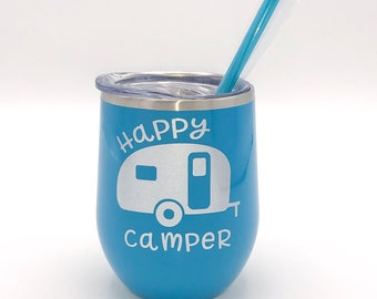 Happy Camper Wine Tumbler - Camping Wine Glass - Camper Cup