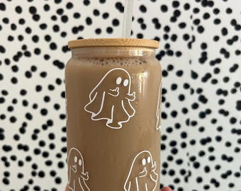 Ghost Coffee Glass Cup, Halloween Iced Coffee Tumbler with Bamboo Lid