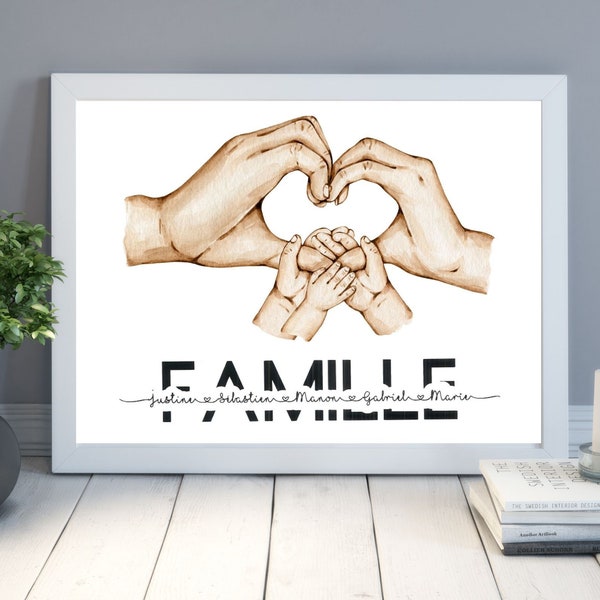 Affiche famille 3 enfants A4 à personnaliser, idées cadeaux, famille, naissance, mariage, pacs, cœur, décoration,