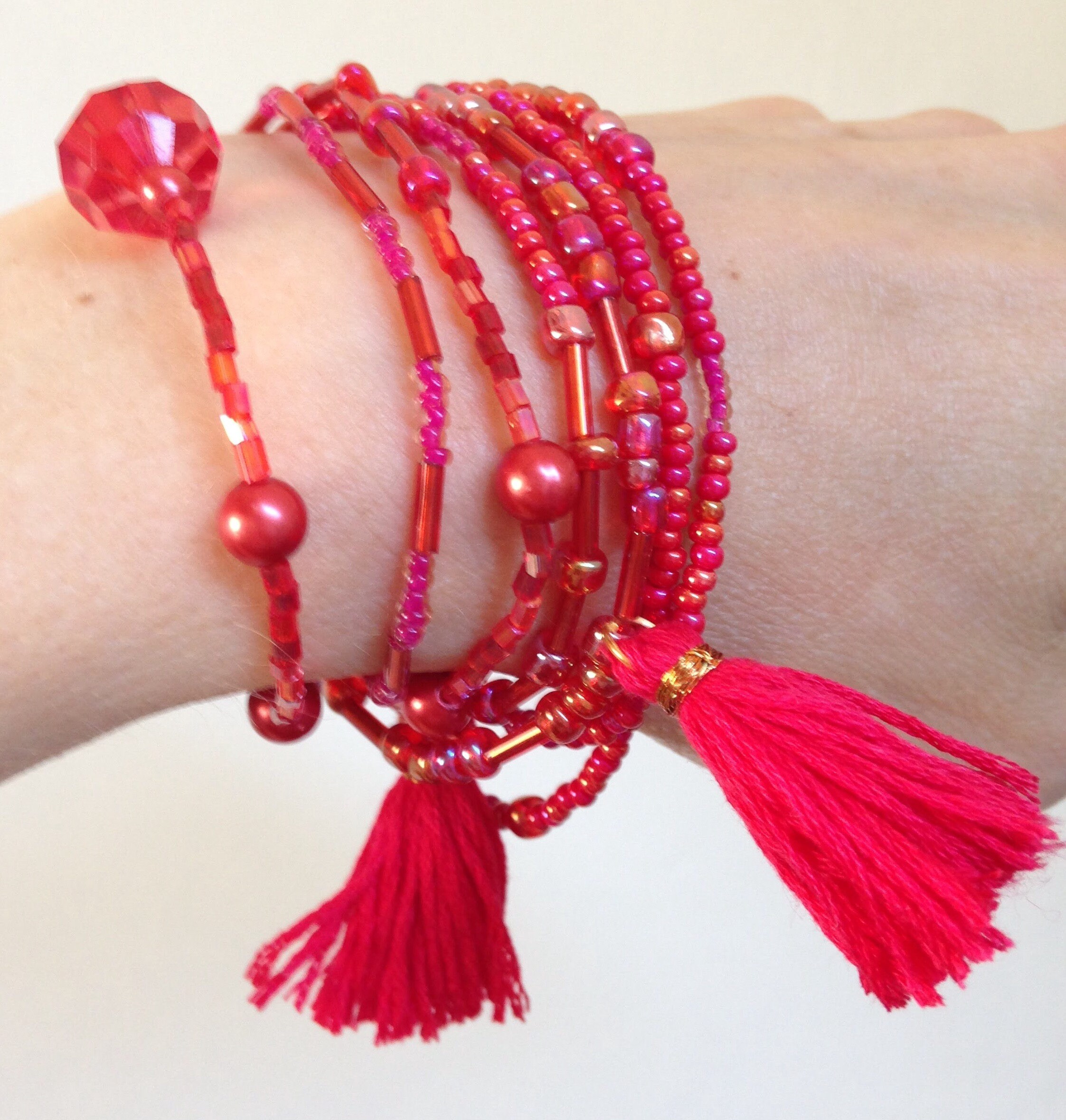 Red Wrap Bracelet With Tassels Red Beaded Bracelet Etsy