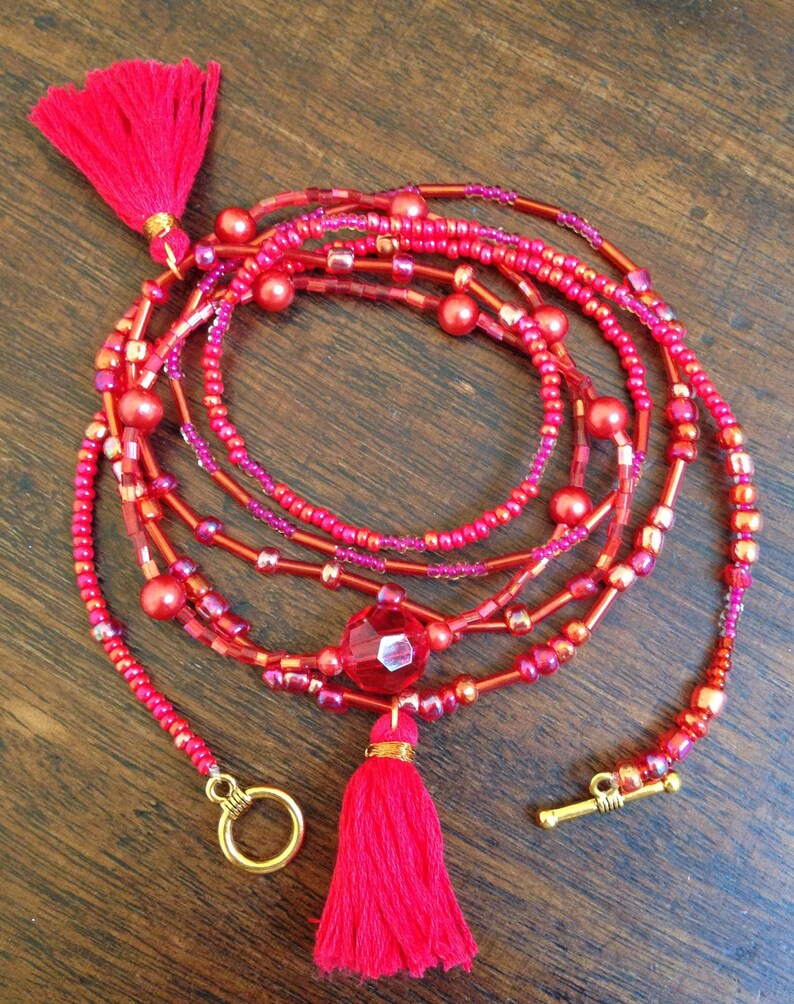 Red Wrap Bracelet With Tassels Red Beaded Bracelet Etsy