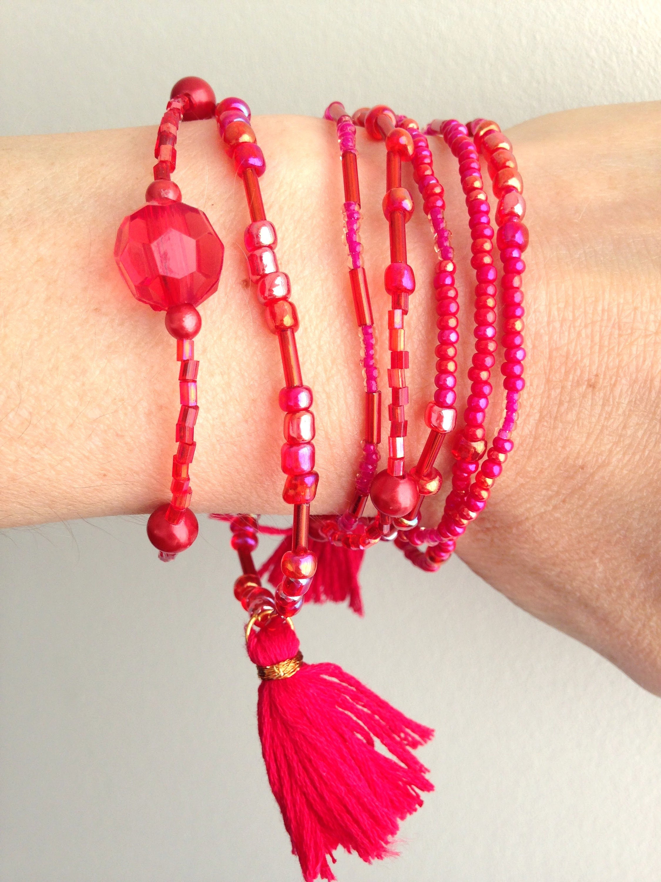 Red Wrap Bracelet With Tassels Red Beaded Bracelet Etsy