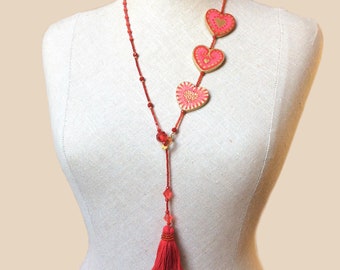 Hart ketting, Statement ketting, Boho ketting, Rood, Ketting, Hart, Kralenkettingen, Kralenketting, Kraal, Kwastketting, Cadeau