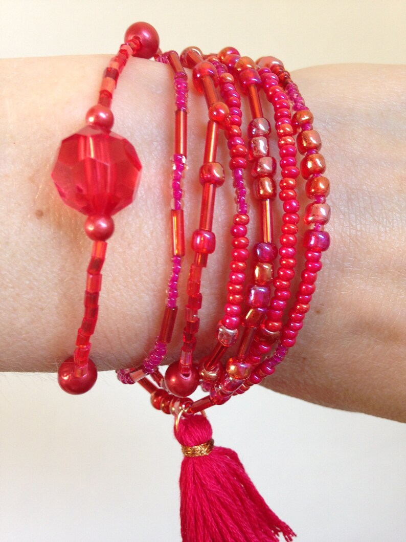 Red Wrap Bracelet With Tassels Red Beaded Bracelet Etsy