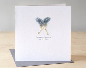 New Home card with keys and feathers. Congratulations on you new home. Housewarming card. New house card.