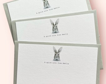 Luxury boxed set of personalised correspondence cards with illustrated hare. Hare lover gift. A6 flat notecards. Housewarming gift.