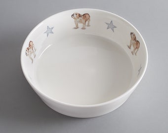 English Bulldog gift. Dog Bowl with bulldog. Bone china dog bowl with English bulldog and little blue stars. Bulldog water bowl.
