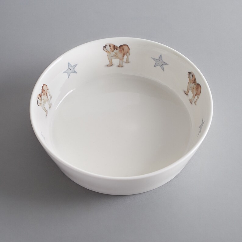 English Bulldog gift. Dog Bowl with bulldog. Bone china dog bowl with English bulldog and little blue stars. Bulldog water bowl. image 1