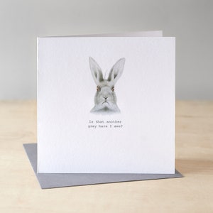 A birthday card with a grey hare on the front with the words " Is that another grey hare I see?" underneath. The hare looks a little mournful with a grey hair sticking up between his ears.