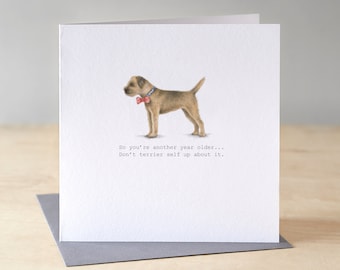 Tarjeta de cumpleaños divertida con temática de Border Terrier, ilustración en acuarela para amantes de los perros.