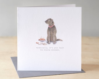 Funny dog birthday card. Hound birthday card with sausages. Wolfhound. Dog illustration. Funny greeting card.