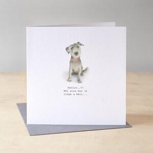 Tarjeta de cumpleaños divertida con un perro desaliñado. Tarjeta divertida del perro de Pavlov. Tarjeta para amantes de los perros.