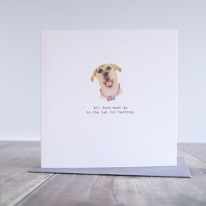 Puede incluir: Una tarjeta de felicitaci&oacute;n con una ilustraci&oacute;n de acuarela de un labrador retriever amarillo con un collar rosa. El texto de la tarjeta dice "Todos los alimentos deben ir al laboratorio para ser probados."