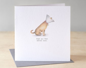 Get well soon card with dog in cone. Funny get well card. Labrador illustration.