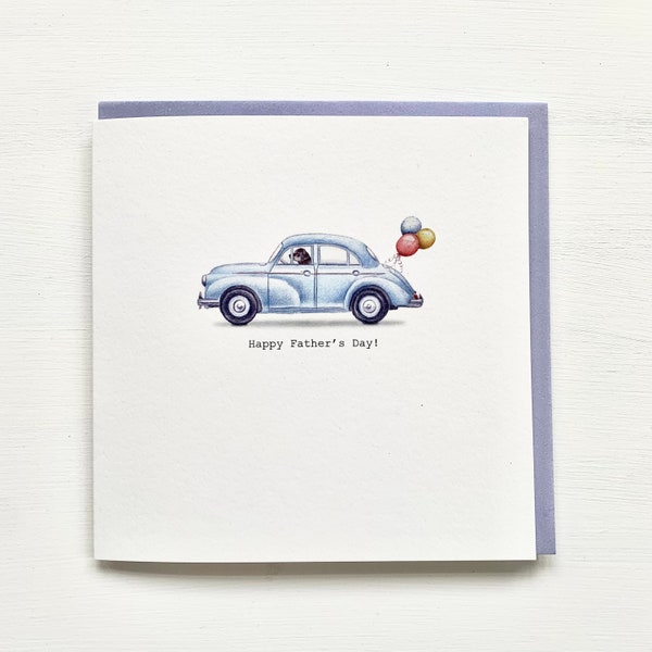 Father's Day card with a dog driving a blue Morris Minor. Funny Father's Day card. Morris Minor card. Moggy Minor.