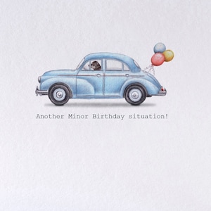 Funny birthday card with a dog driving a blue Morris Minor. Funny dog birthday card. Morris Minor car image 3