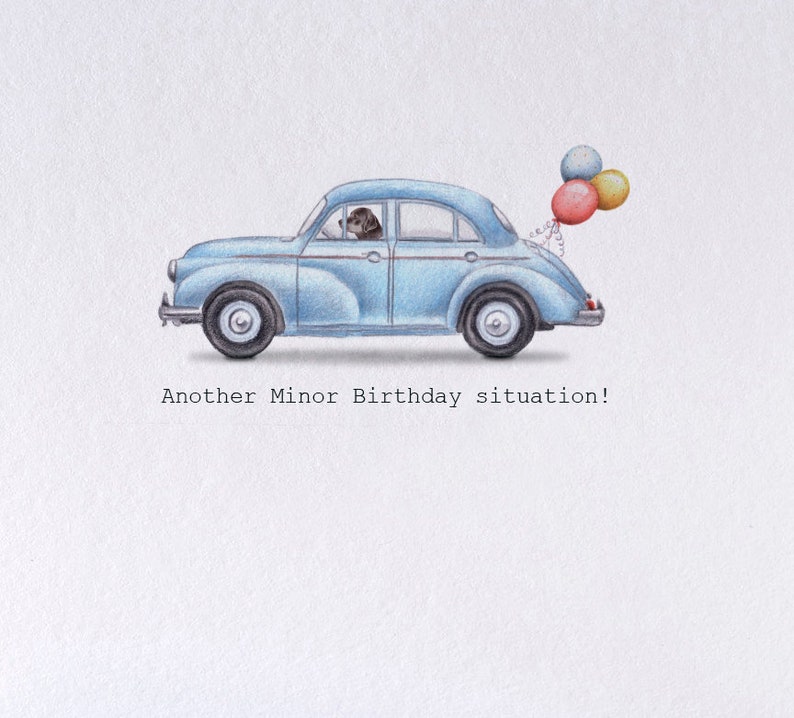 Funny birthday card with a dog driving a blue Morris Minor. Funny dog birthday card. Morris Minor car image 3