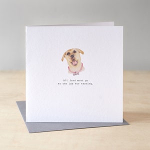 A birthday card with a yellow labrador on the front. The labrador is handpainted using watercolours and coloured pencils and has his tongue hanging out. Underneath the image are the words "All food must go to the lab for testing"