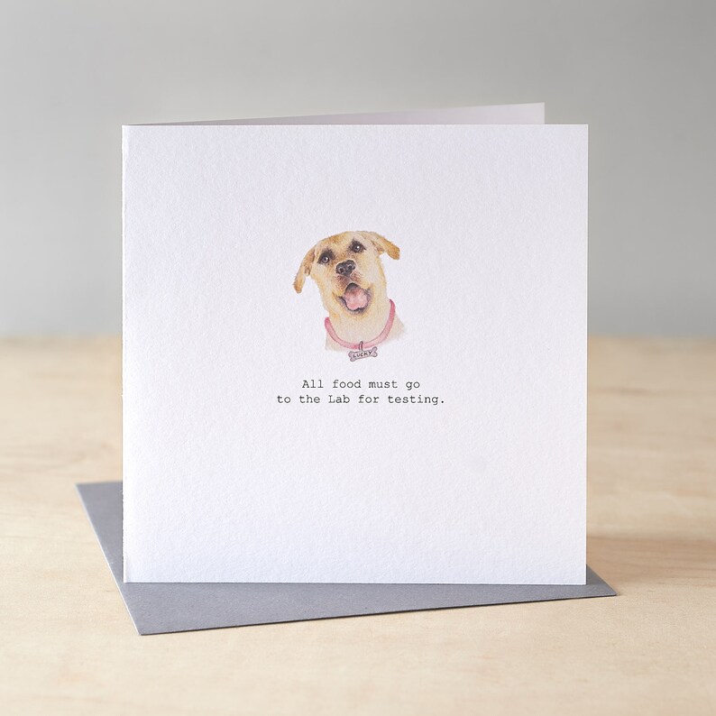 A birthday card with a yellow labrador on the front. The labrador is handpainted using watercolours and coloured pencils and has his tongue hanging out. Underneath the image are the words "All food must go to the lab for testing"