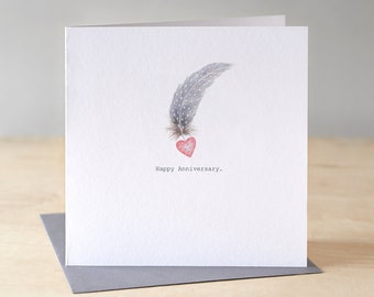 Wedding anniversary card. Anniversary card with feathers and heart. Happy anniversary. Congratulations on your anniversary.