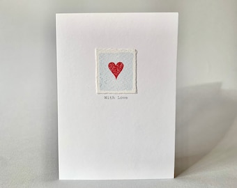 Hand painted anniversary card with red heart.  Watercolour card with embossed heart and the words " With Love". Thinking of you card.