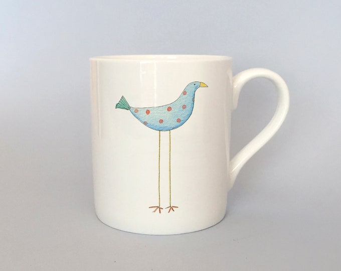 Featured listing image: Bone china mug with blue quirky bird. Free P&P