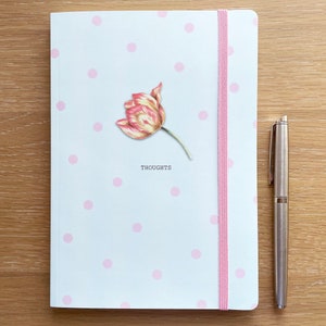 Luxury A5 chunky Notebook with pink and yellow tulip. Mother's Day gift. Journal with hand drawn tulip illustration. Letterbox gift. image 1