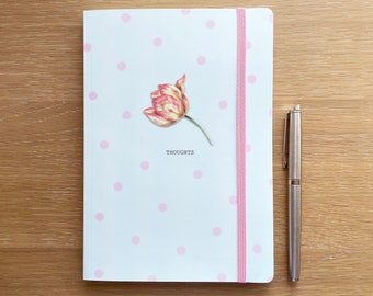 Luxury A5 chunky Notebook with pink and yellow tulip. Mother's Day gift. Journal with hand drawn tulip illustration.  Letterbox gift.