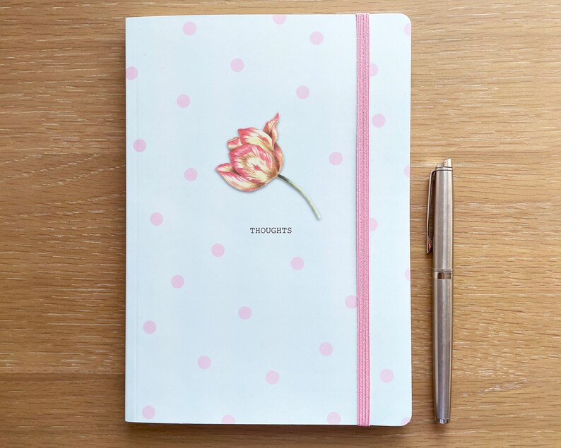 Luxury A5 chunky Notebook with pink and yellow tulip. Mother's Day gift. Journal with hand drawn tulip illustration. Letterbox gift. image 1