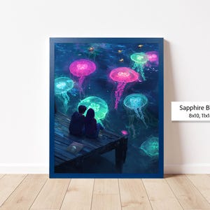 Pu&ograve; includere: Una coppia &egrave; seduta su un molo di legno, circondata da meduse luminose in tonalit&agrave; di rosa, blu e verde. La scena &egrave; ambientata su uno sfondo blu scuro, creando un'atmosfera magica ed eterea.