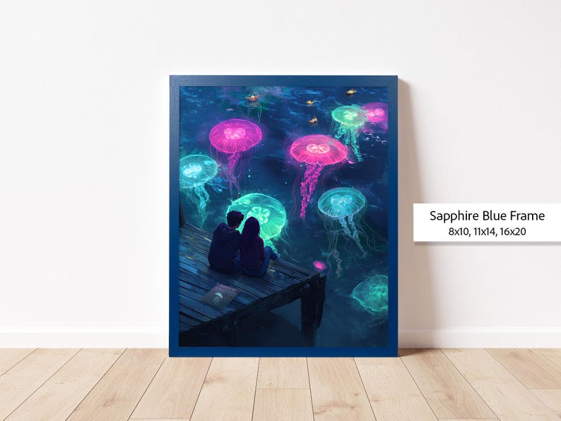 Pu&ograve; includere: Una coppia &egrave; seduta su un molo di legno, circondata da meduse luminose in tonalit&agrave; di rosa, blu e verde. La scena &egrave; ambientata su uno sfondo blu scuro, creando un'atmosfera magica ed eterea.