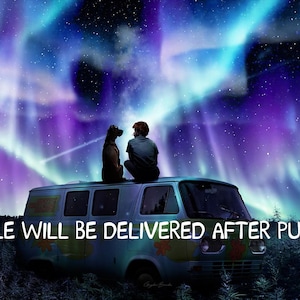 May include: A person and a dog sit on top of a vintage van under a vibrant purple and green aurora borealis. The text "MP4 FILE WILL BE DELIVERED AFTER PURCHASE!" is displayed at the bottom of the image.