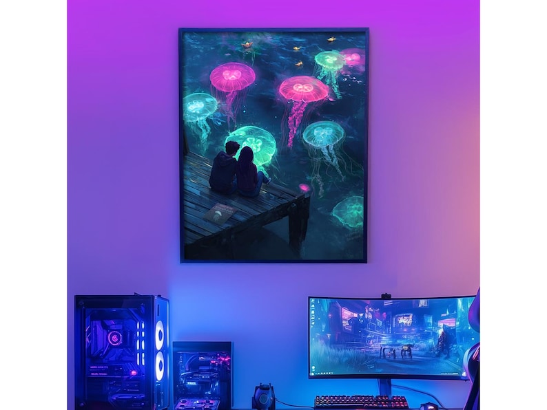 Pu&ograve; includere: Una stampa d'arte digitale di una coppia seduta su un molo con meduse luminose nell'acqua. La stampa ha uno sfondo blu scuro con meduse rosa e verdi.