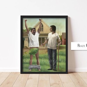 May include: A framed art print featuring two men in a rural setting. One man is raising his arms, covered by a watermelon, while the other holds a pitchfork. The artwork is set against a backdrop of a house and green landscape. The frame is black.