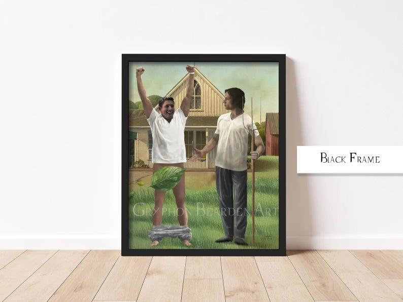 May include: A framed art print featuring two men in a rural setting. One man is raising his arms, covered by a watermelon, while the other holds a pitchfork. The artwork is set against a backdrop of a house and green landscape. The frame is black.