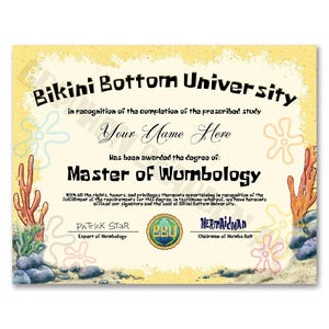 Diploma di certificato di Wumbologia personalizzabile / ispirato a Sponebob Squarepants / Wumbo