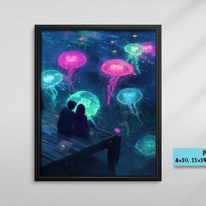 Pu&ograve; includere: Una coppia &egrave; seduta su un molo di legno di notte, guardando meduse luminose nell'acqua. Le meduse sono di varie tonalit&agrave; di blu, verde e rosa.