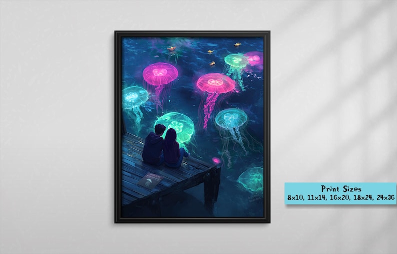 Pu&ograve; includere: Una coppia &egrave; seduta su un molo di legno di notte, guardando meduse luminose nell'acqua. Le meduse sono di varie tonalit&agrave; di blu, verde e rosa.